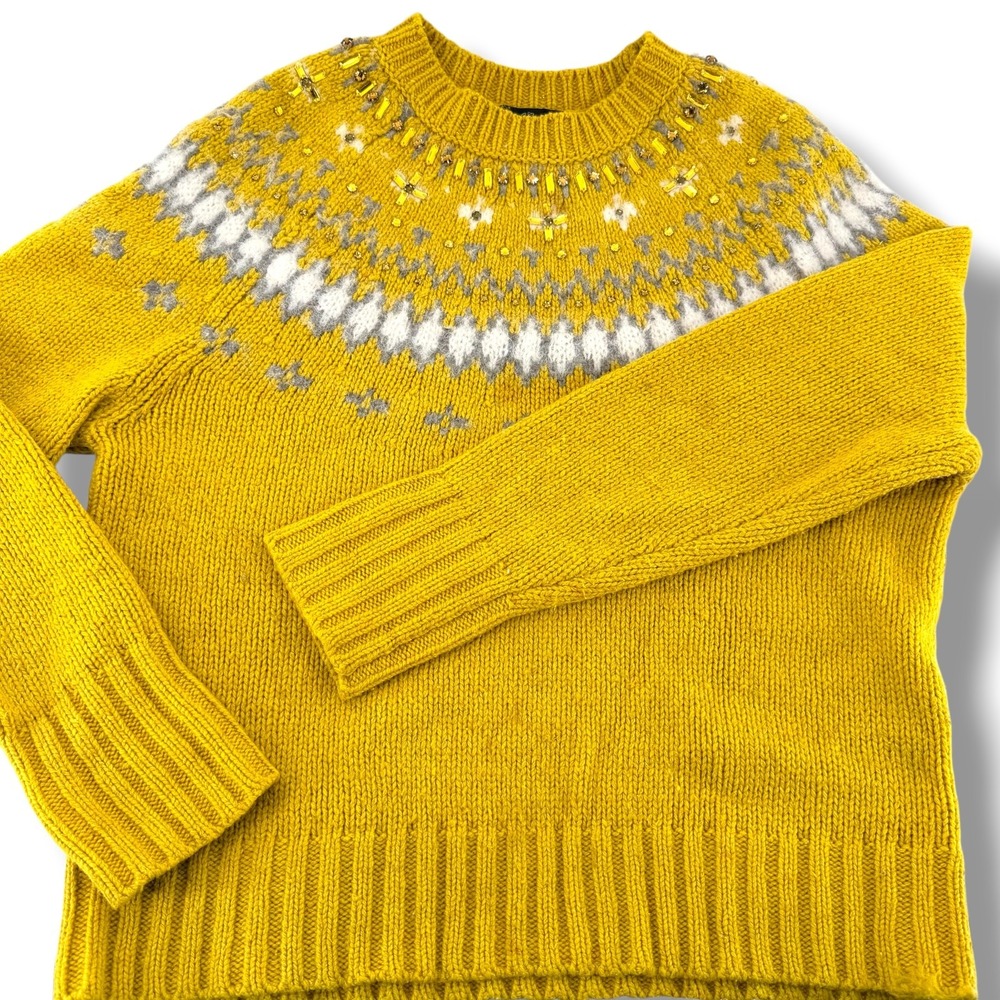 J.Crew Mustard Yellow Fair Isle Jeweled Lambswool Blend Chunky Sweater Small
